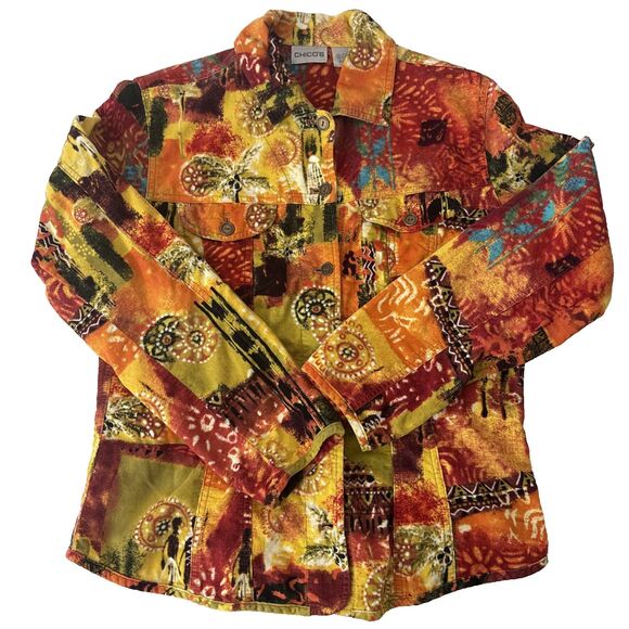 Chico's Southwest Aztec Long Sleeve Cotton Corduroy Shirt Women's Size Small - Picture 4 of 11